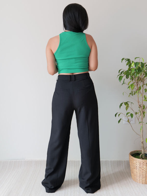Ladies Black Loose Trousers/Black High Waisted Pleated Pants - Back side view