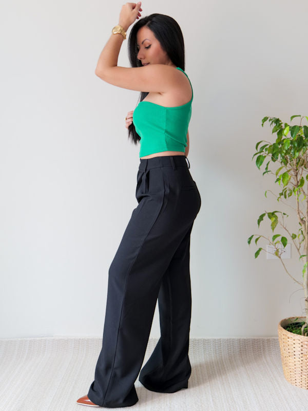 Ladies Black Loose Trousers/Black High Waisted Pleated Pants - Side view