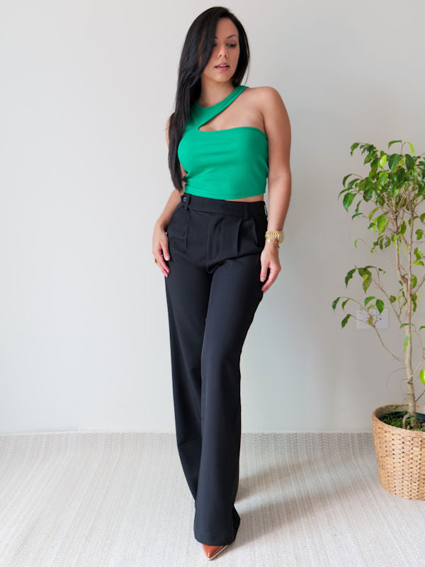 Ladies Black Loose Trousers/Black High Waisted Pleated Pants - Front view