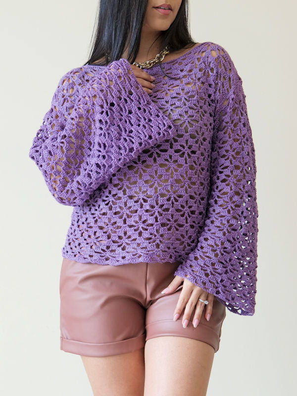Dark lavender crochet sweater style long sleeve top one size fits all