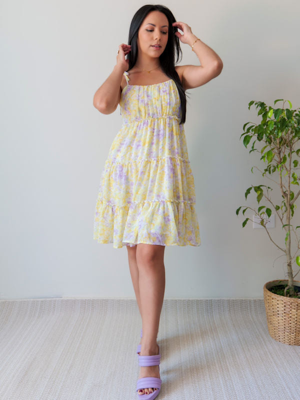 Light Yellow Floral Dress/Yellow and Purple Floral Dress/Vestido Casual Amarillo - Complete view
