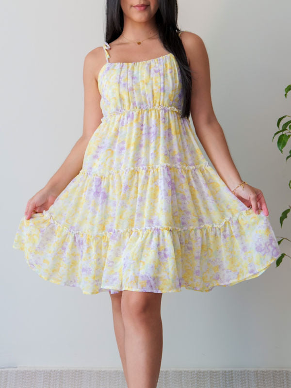 Light Yellow Floral Dress/Yellow and Purple Floral Dress/Vestido Casual Amarillo- Close up