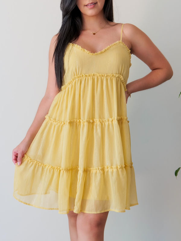 Mustard Summer Tiered Dress - Front View