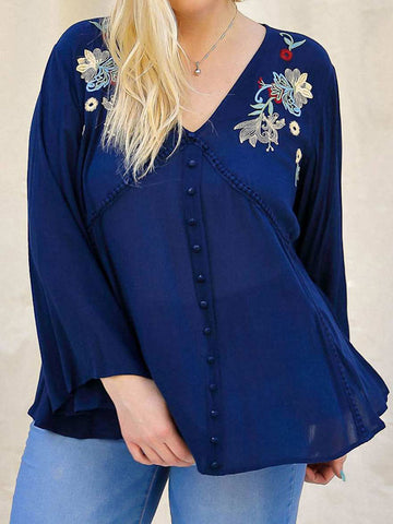 Plus Size Embroidered Navy Top