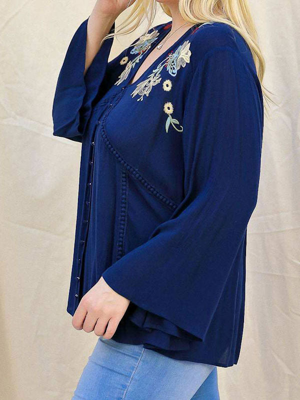 Plus Size Embroidered Navy Top - Side view