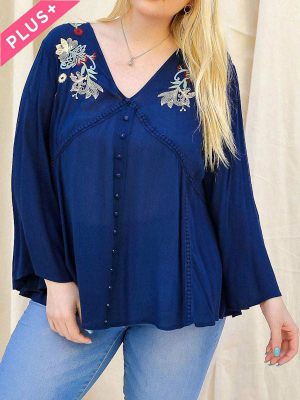 Plus Size Embroidered Navy Top - Front view