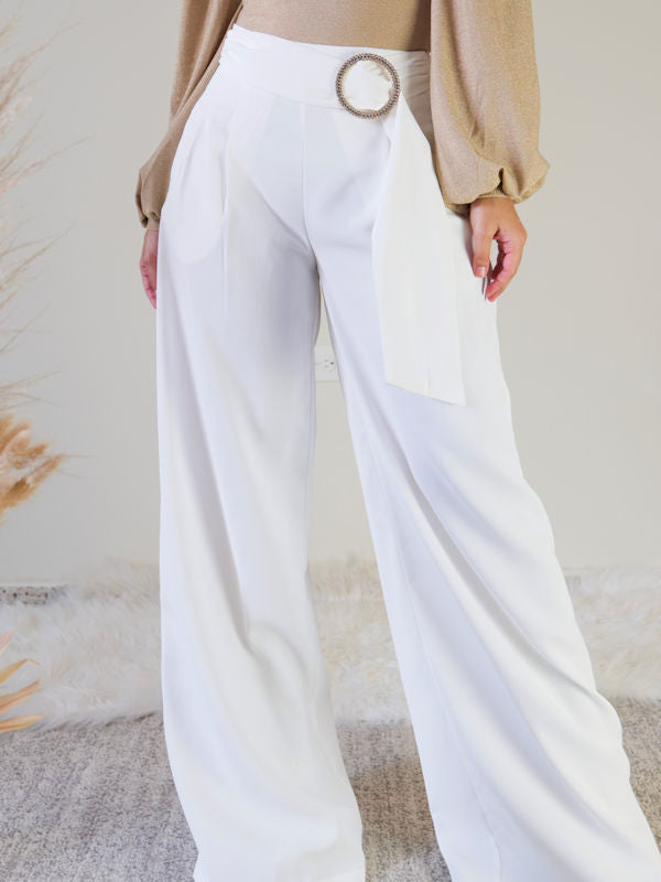 White Wide Leg Pants with Belt - Close up