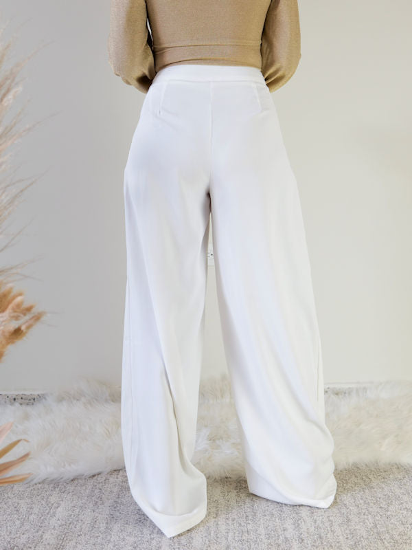 White Wide Leg Pants with Belt - Back view