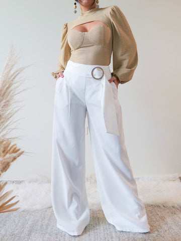 White Wide Leg Pants with Belt - Front view