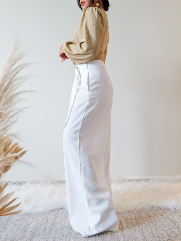 White Wide Leg Pants with Belt - Left side view