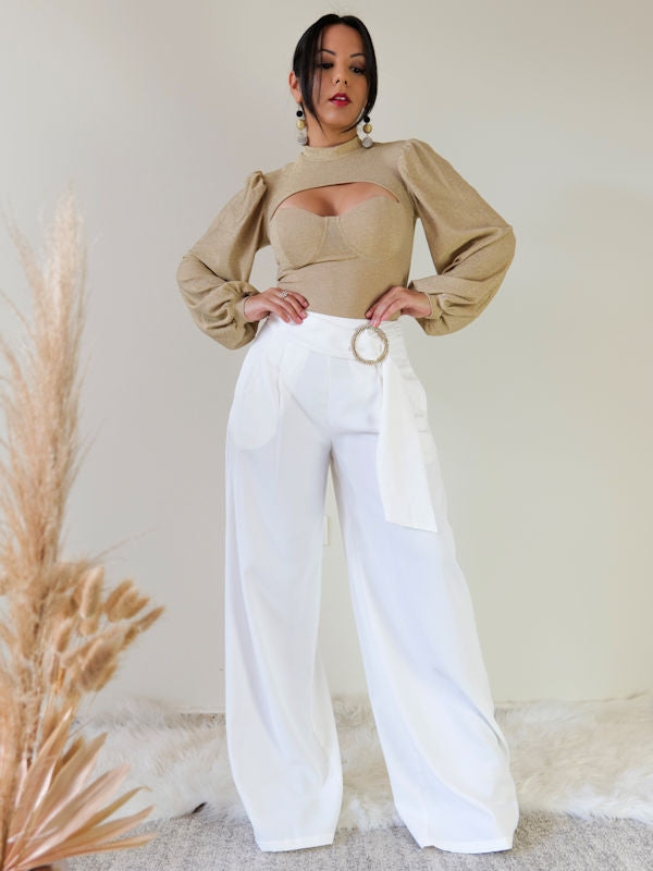 White Wide Leg Pants with Belt - Complete view