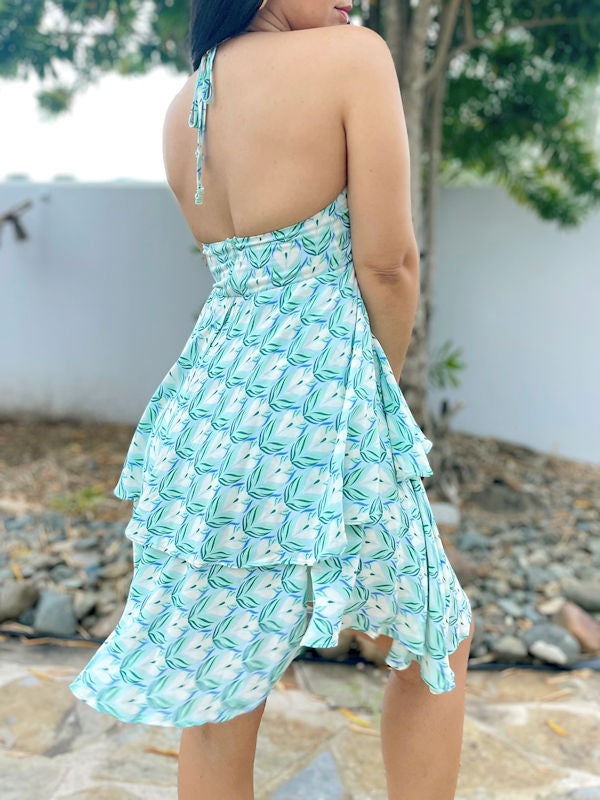 Summer Flowy Dress Aqua/Vestido Corto Tropical-back-view