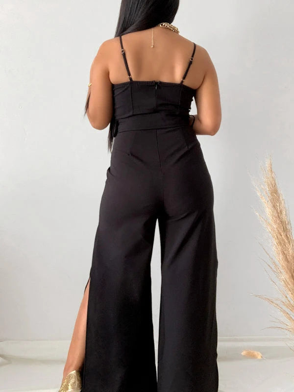 Back view of our black spaghetti strap jumpsuit for women. 