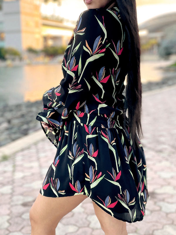 Black Floral Short Dress/Tropical Shirt Dress - Side view