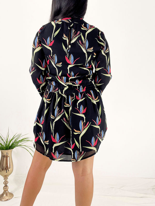 Black Floral Short Dress/Tropical Shirt Dress - Back view