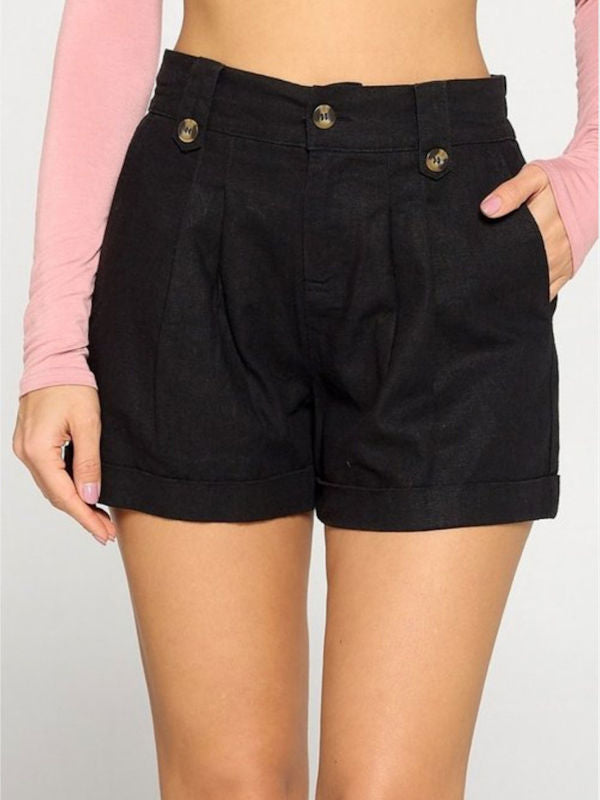 Black Linen Shorts with Pocket - Front view