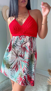 Red crochet halter top and tropical print dress from Caribbeña's Handmade with Love collection.