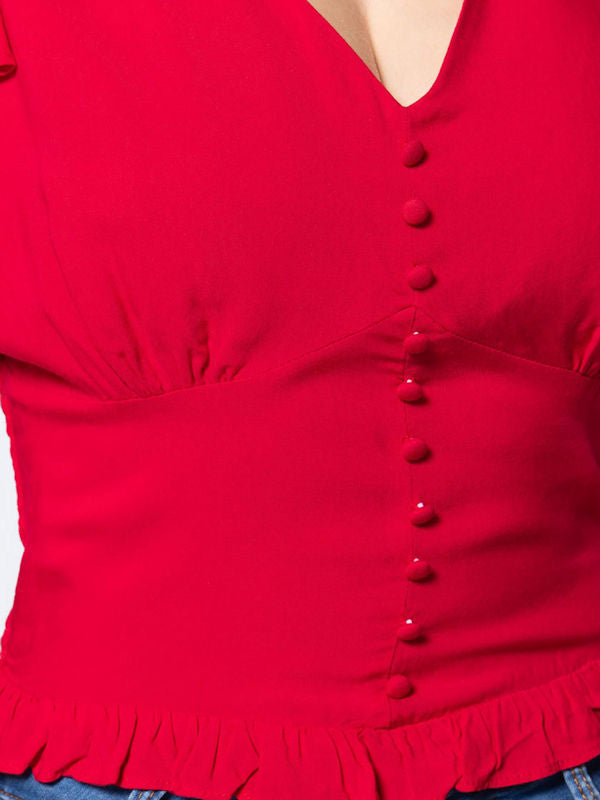Dressy Red Top/Short Sleeve V Neck Blouse - Close up