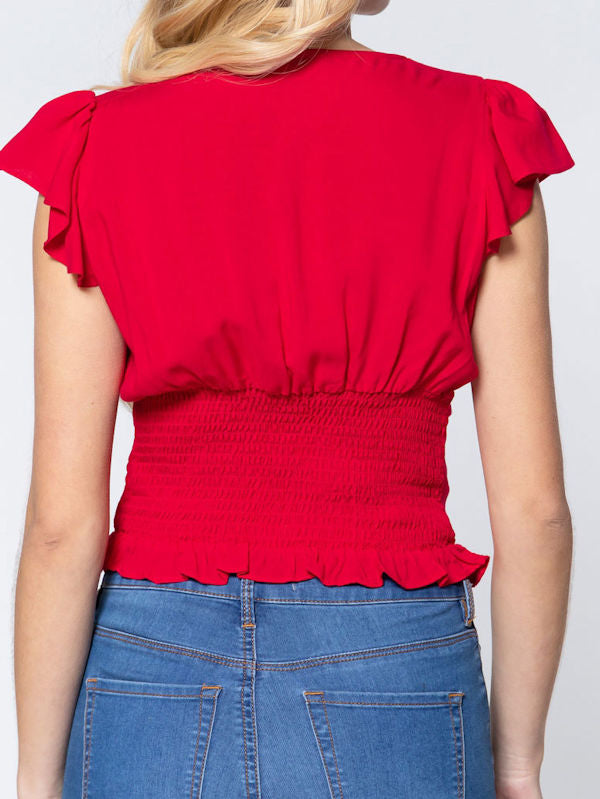 Dressy Red Top/Short Sleeve V Neck Blouse - Back view