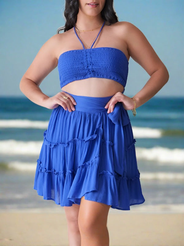 Cobalt blue cutout summer wrap around short length dress