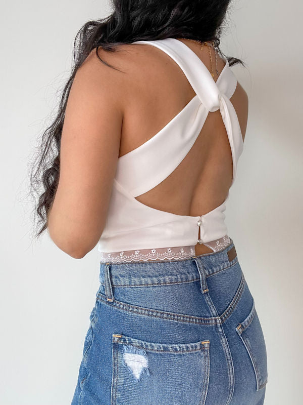 Fancy White Crop Top/White Crop Top with Lace - Front view
