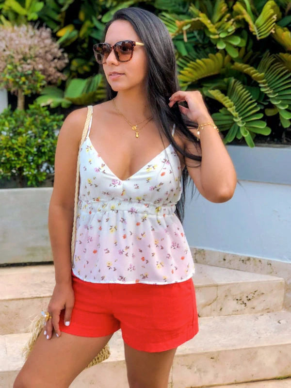 White Floral Tank Top with Spaghetti Straps