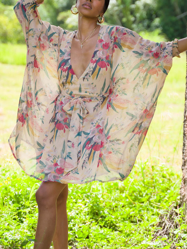 Floral Kimono Dress/ Beige Floral Dress - Showing sleeves