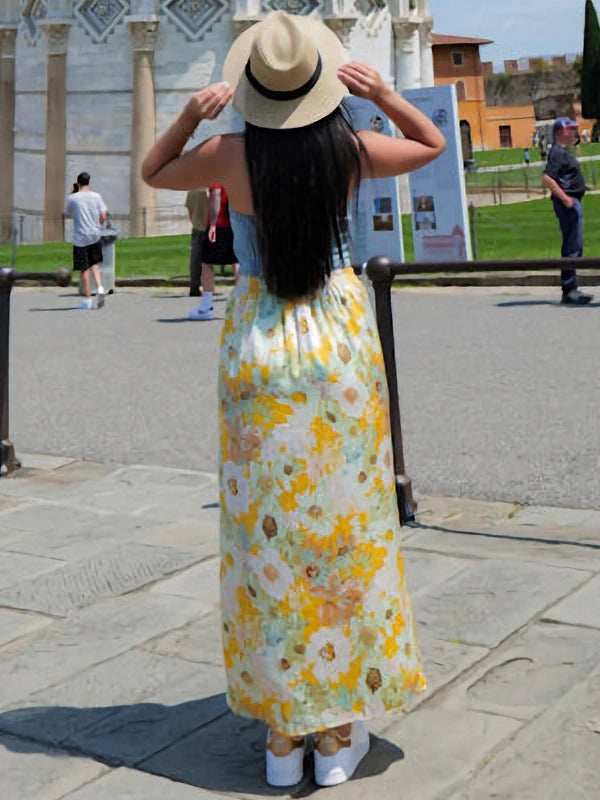 Back view of the yellow floral skirt for women.