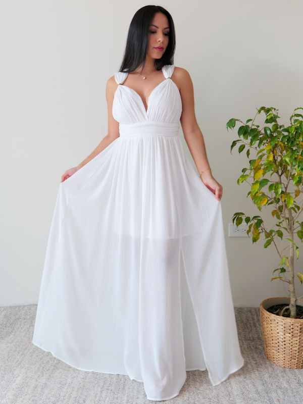 Flowy White Maxi Dress/White Formal Maxi Dress - Showing skirt