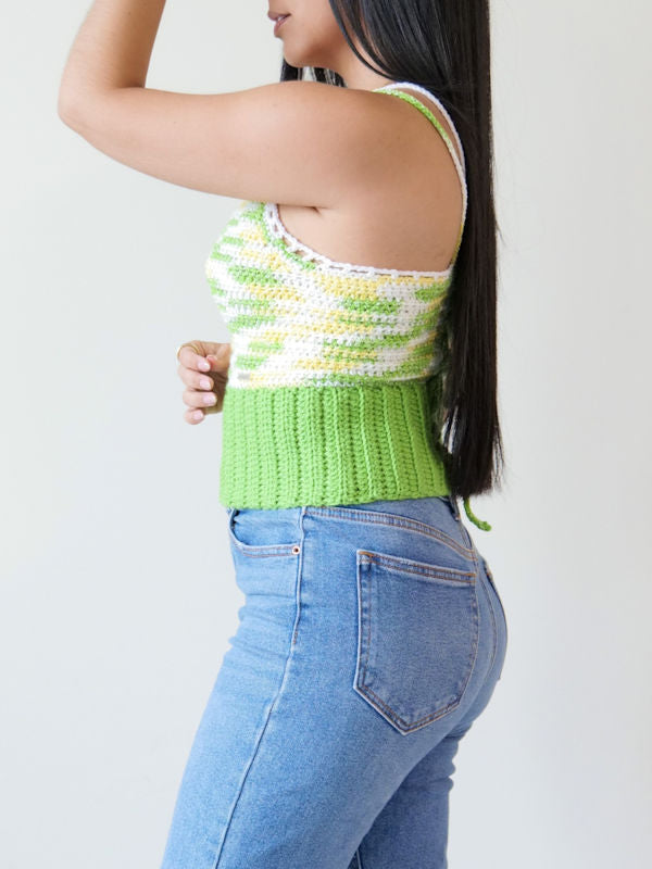 Green, white and yellow multicolor crochet top with wide green waistband and double spaghetti straps