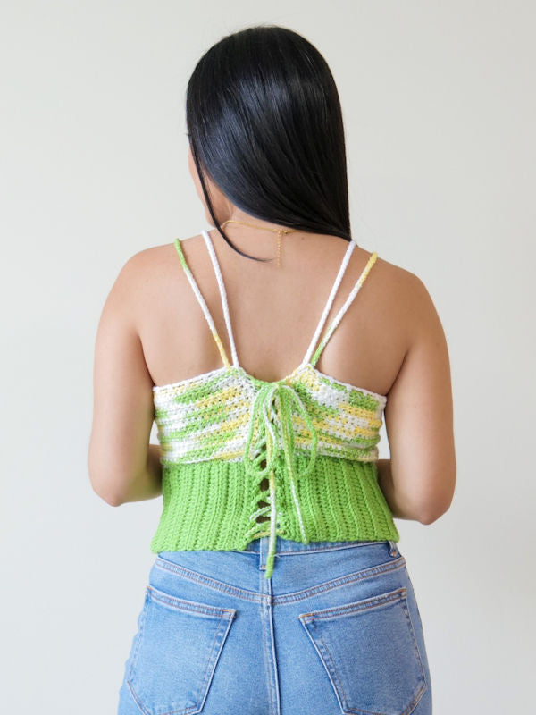 Green, white and yellow multicolor crochet top with wide green waistband and double spaghetti straps