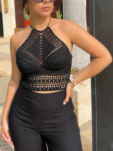 Stylish black crochet crop top, part of the 'Handmade with Love' collection available at Caribbena. 