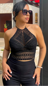 Stylish black crochet crop top, part of the 'Handmade with Love' collection available at Caribbena. 
