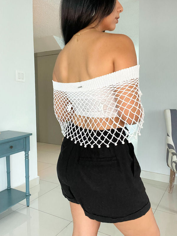 Handmade Crochet Off-Shoulder White Bolero - Back view