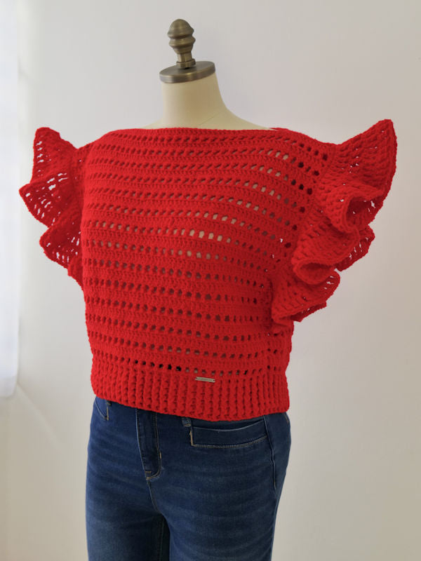 Handmade Crochet Red Top - Left Side