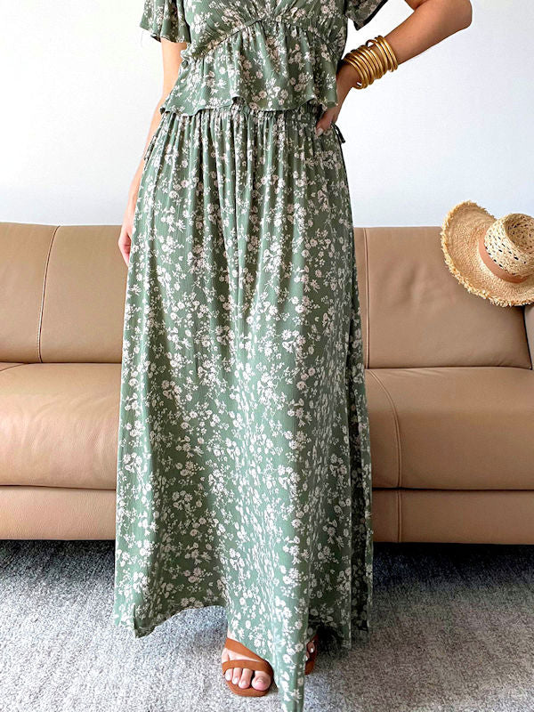 Long Green Floral Skirt - Front view