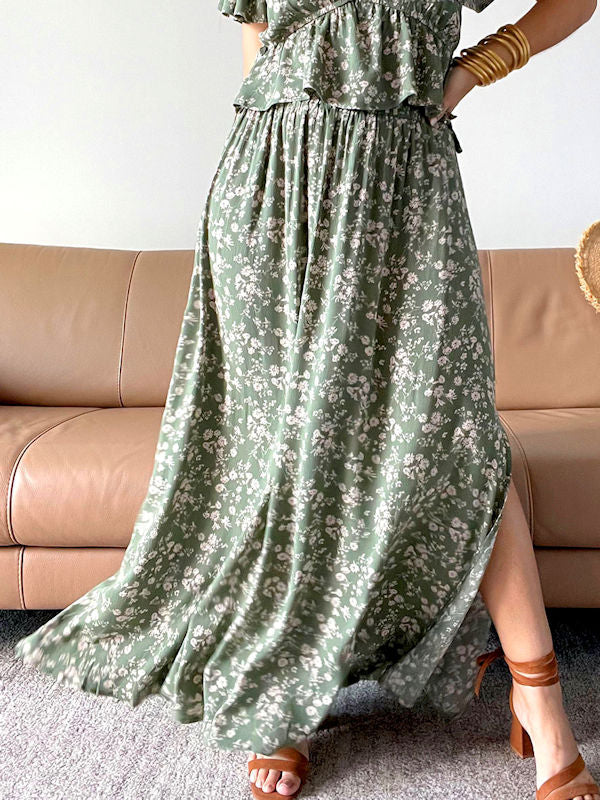 Long Green Floral Skirt