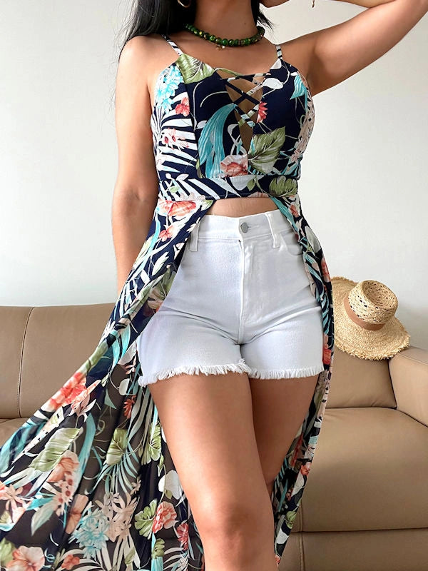 Longline floral top with front opening.