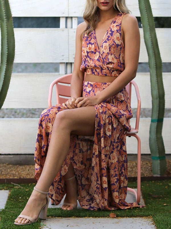 Seated view of our two piece skirt set for summer. 