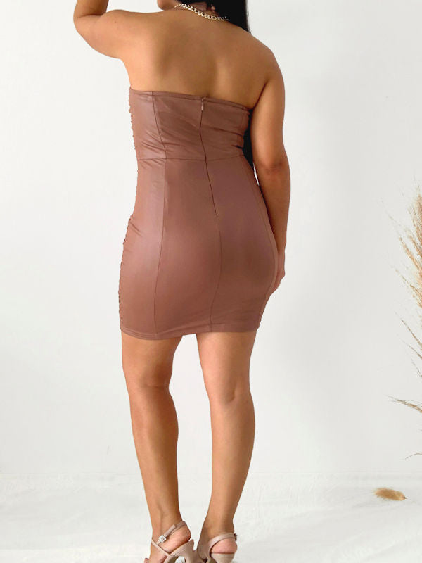 Ruched Bodycon Mini Dress/Leather Look Dress - Back view