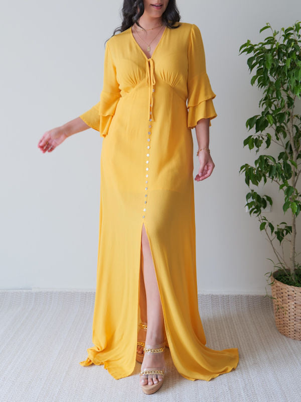 Mustard Maxi Dress with Sleeves - Front view