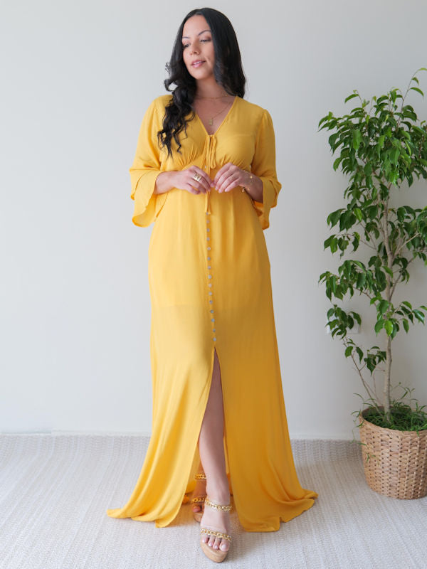 Mustard Maxi Dress with Sleeves - Showing slit
