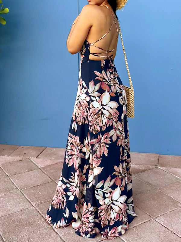 Navy Floral Maxi Dress - Back angle view