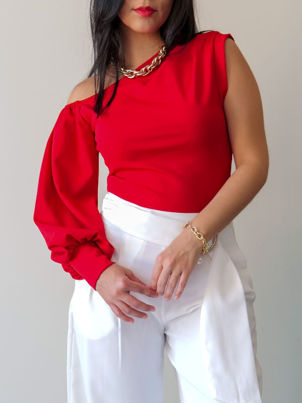 Red One Shoulder Long Sleeve Top - new angle view
