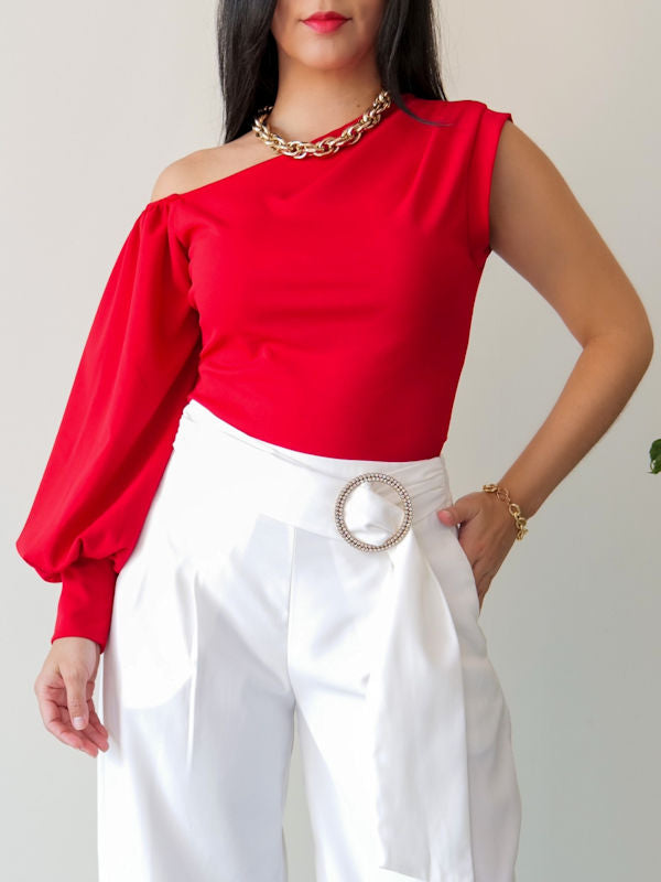 Red One Shoulder Long Sleeve Top