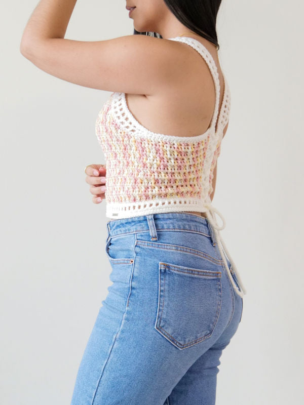 Coral and pastel multicolor crochet crop top with ivory border