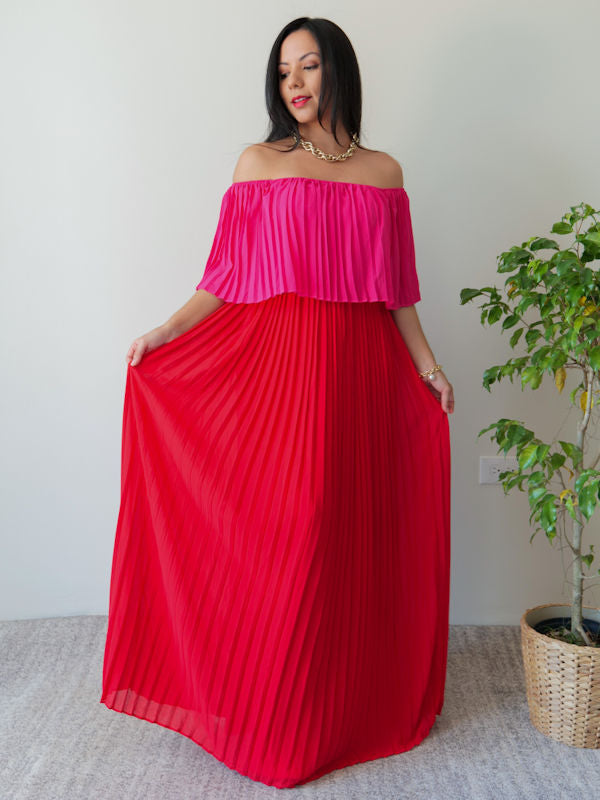 Pleated Flowy Dress/Pink and Red Maxi Dress - Showing skirt