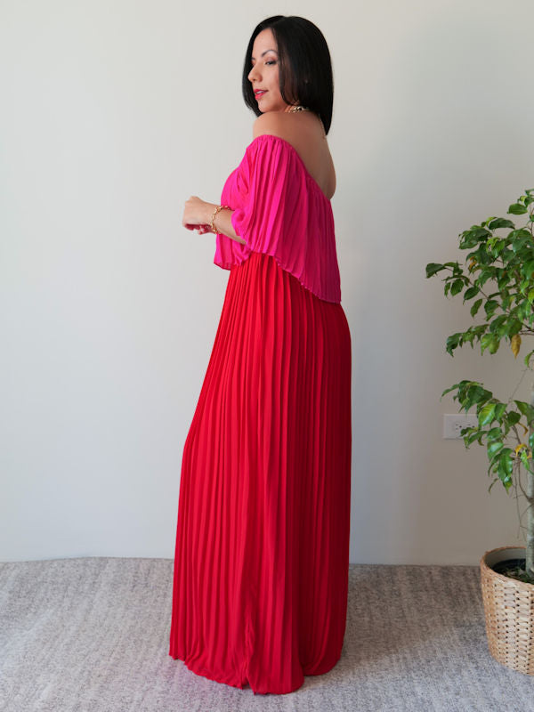 Pleated Flowy Dress/Pink and Red Maxi Dress - Side view
