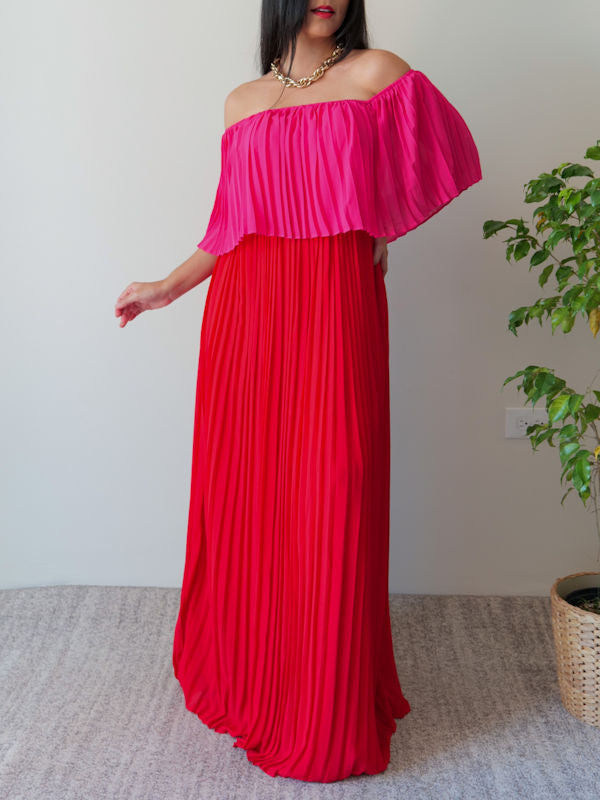 Pleated Flowy Dress/Pink and Red Maxi Dress - Additional View