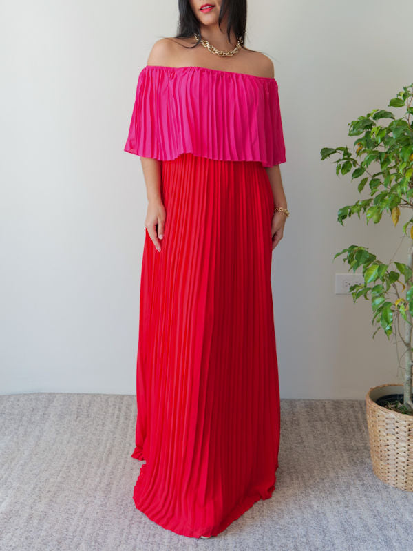 Pleated Flowy Dress/Pink and Red Maxi Dress - Front view